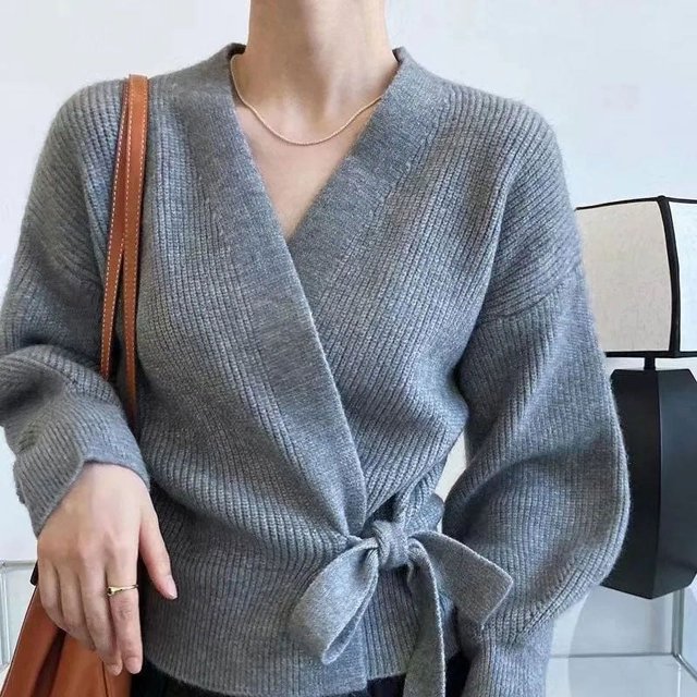 Cárdigan de cuello en V retro francés para mujer, abrigos de otoño 2023 con cordones, prendas de punto holgadas para mujer, suéter de manga larga liso con cintura de estilo holgado