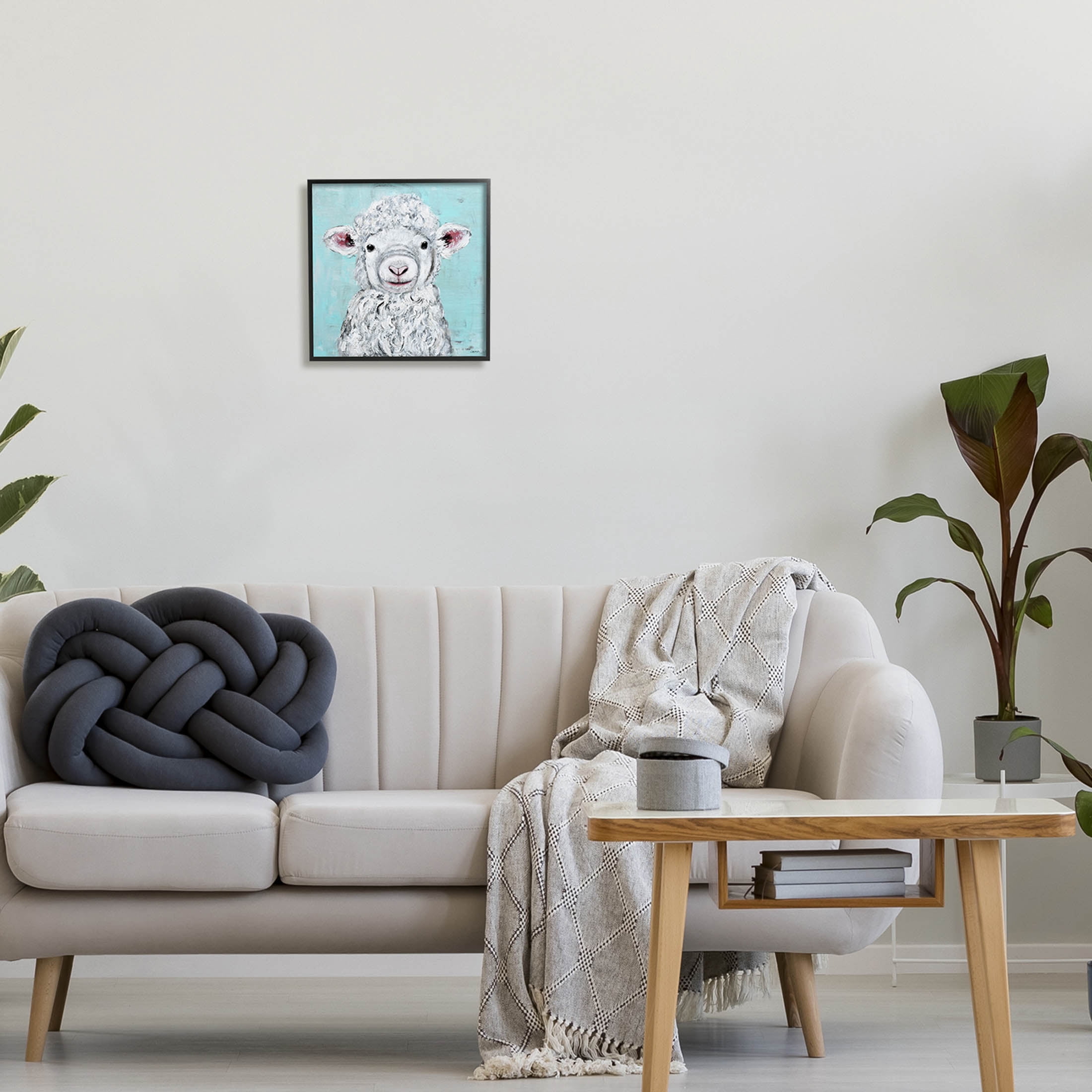 Smiling Lamb Farm Animal Face Animals & Insects Painting Black Framed Art Print Wall Art