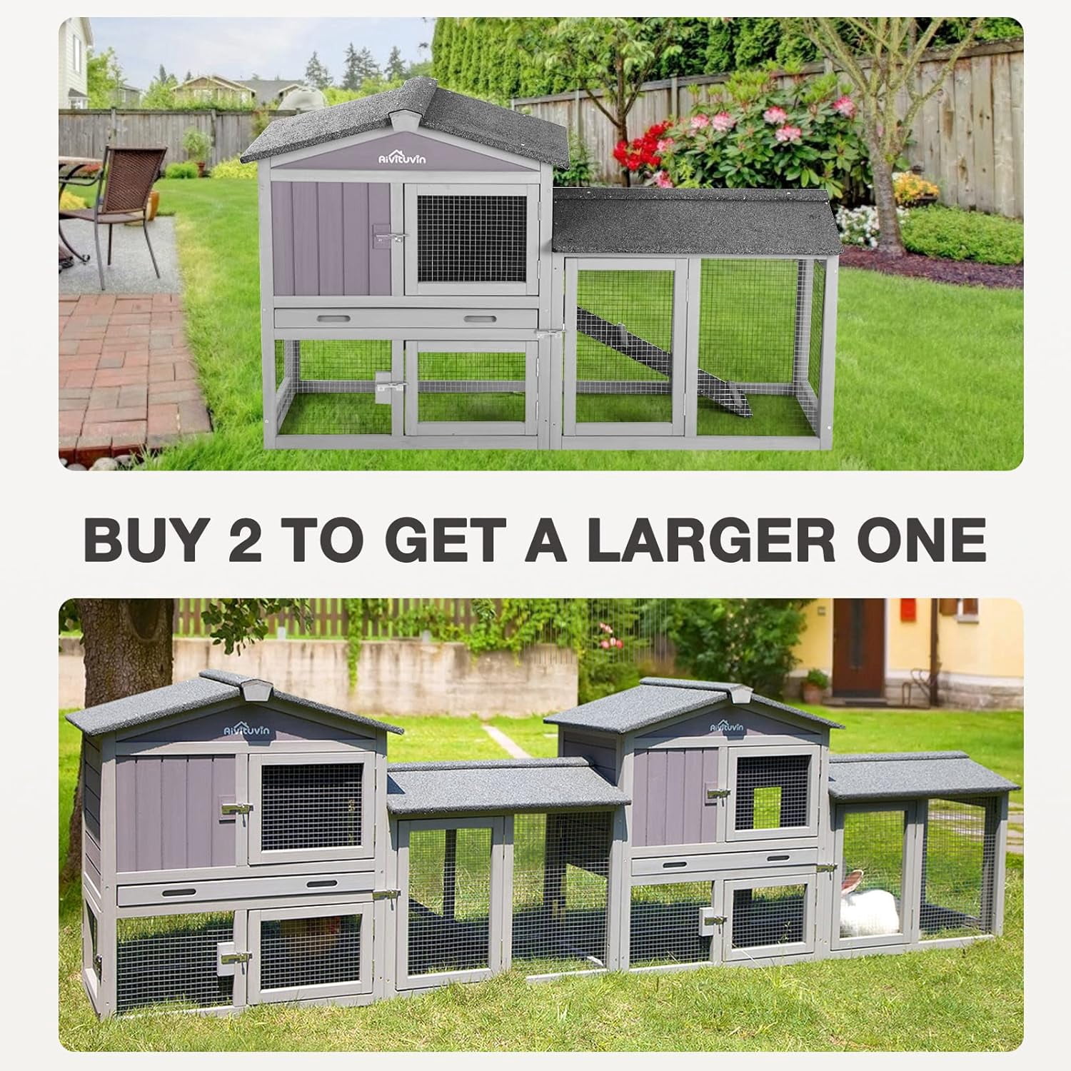 Aivituvin Chicken Coop Hen House with Run Outdoor Rabbit Cage Indoor Bunny Hutch with Waterproof Roof Poultry Cage,Rabbit Hutch with No Leakage Pull Out Tray Gray