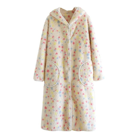 KyCheLot Robes for Women Fleece Polka Dot Print Cute Long Sleeve Homewear Nightshirt Dress Comfy with Pockets