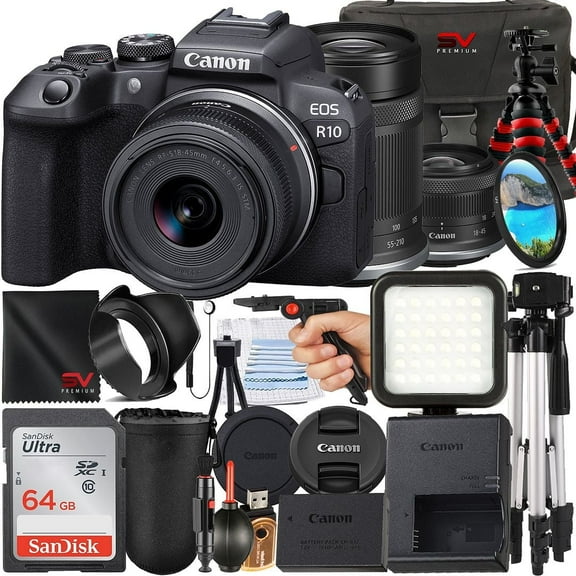 Canon EOS R10 Mirrorless Camera with RF-S 18-45mm   55-210mm Lens   SanDisk 64GB Memory Card   Case   Tripod   SV Premium Accessory Bundle (International Version)