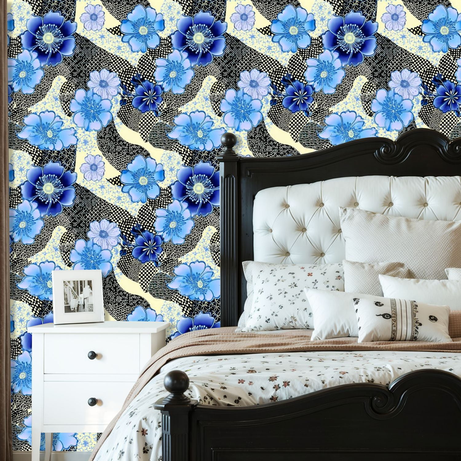 Peel and Stick Wallpaper 23.6in x 9.8ft Blue Floral Blossom Abstract Geometric Shapes Textured Contact Paper Vinyl Self-Adhesive Removable Wall Paper for Bedroom Bathroom Renter Friendly