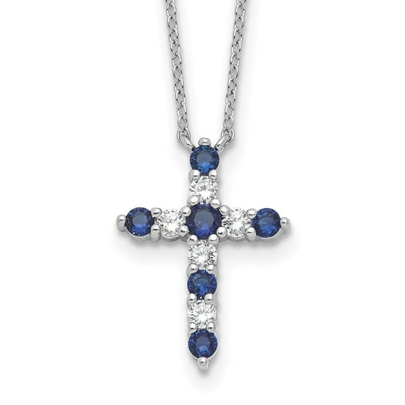 Auriga 925 Sterling Silver Dark Blue CZ Sept Birthstone Cross with 2" ext. Necklace for Women 17"