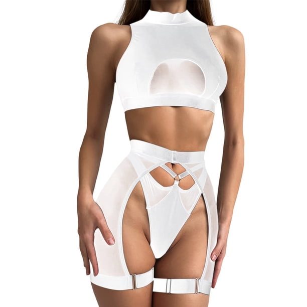 Gibobby Conjunto ropa interior mujer Liguero con Medias y Tanga Lingerie Set de Dormir Mujer Lenceria Mujer Talla Grande Mujer Sexy Bralette y Tanga Pijamas en Pareja(Blanco, M)