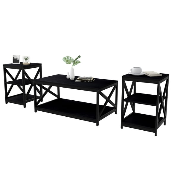Living Room Coffee Table Set of 3, Industrial X-Design Coffee Table and 2 End Side Tables, 3 Piece Living Room Table Set with Large Storage for Apartment Home (Black)