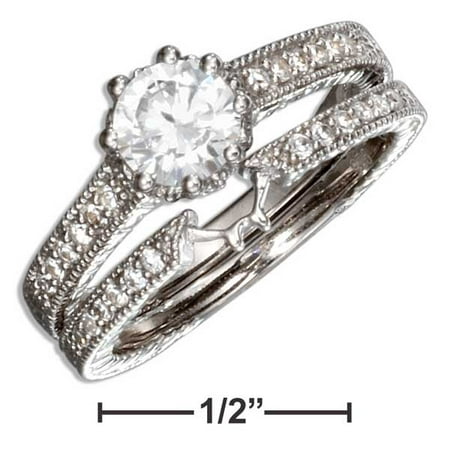 STERLING SILVER VINTAGE DESIGN ROUND CUBIC ZIRCONIA WEDDING RING SET