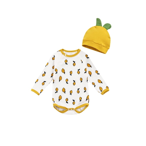 nvzhuang Baby Romper with Hat, Kids Cartoon Lemon Print Round Neck Long Sleeve Bodysuit Cap for Summer, 0-12 Months