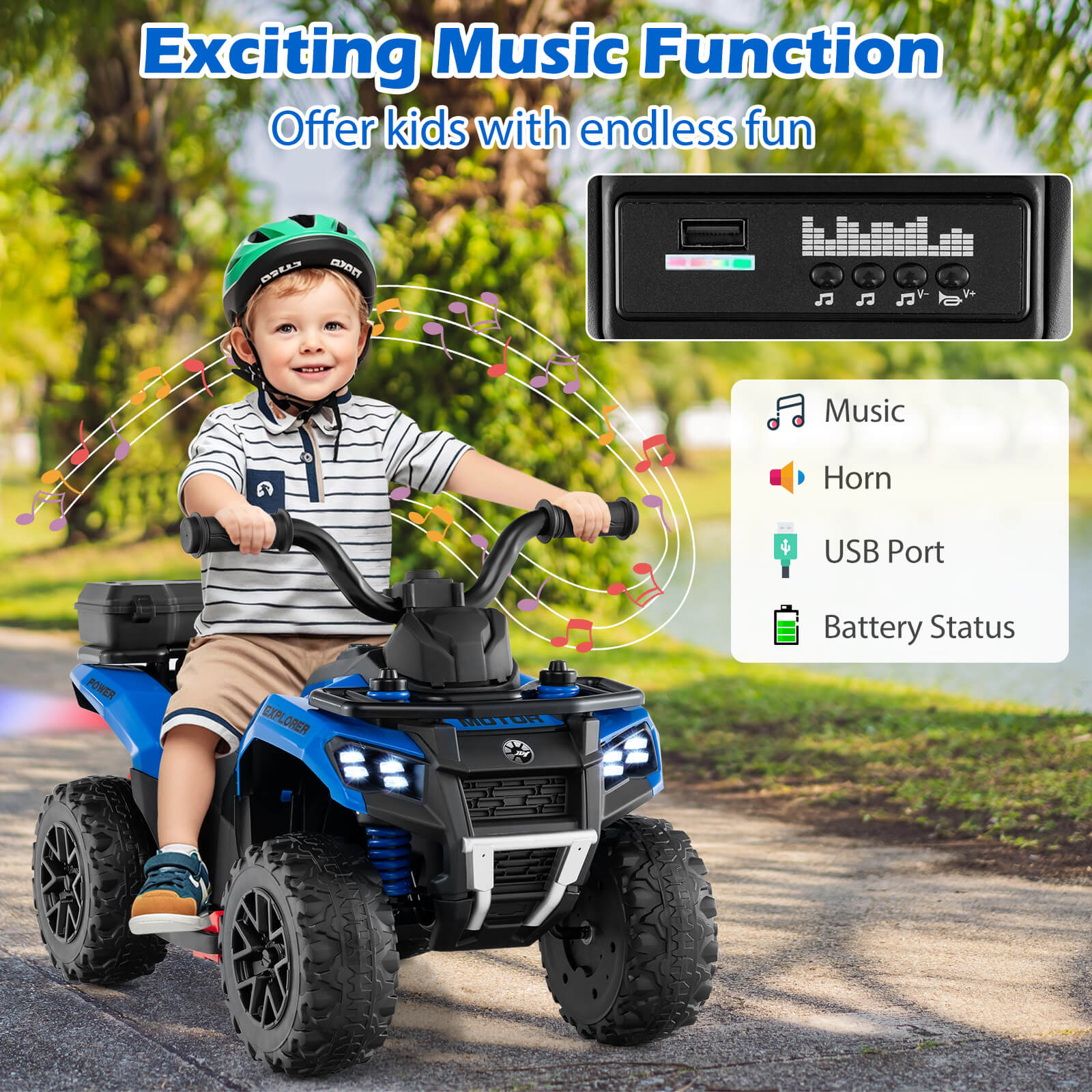 Infans 6V Kids Ride On ATV w/ Music & Spray Function USB Port Storage Box Toy Car
