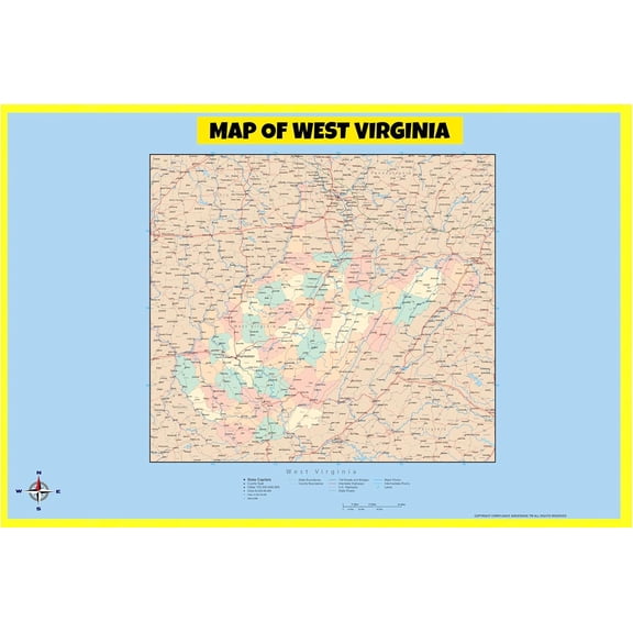 West Virginia Map Poster - Laminated Wall Map - Style B - 18x24 - Ideal for Classrooms and Homes – Features Bright Colors and Vivid Imagery