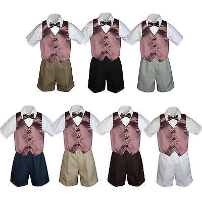 4pc Set BoyToddler Formal Party Brown Vest and Bow tie White Khaki Shorts S-4T