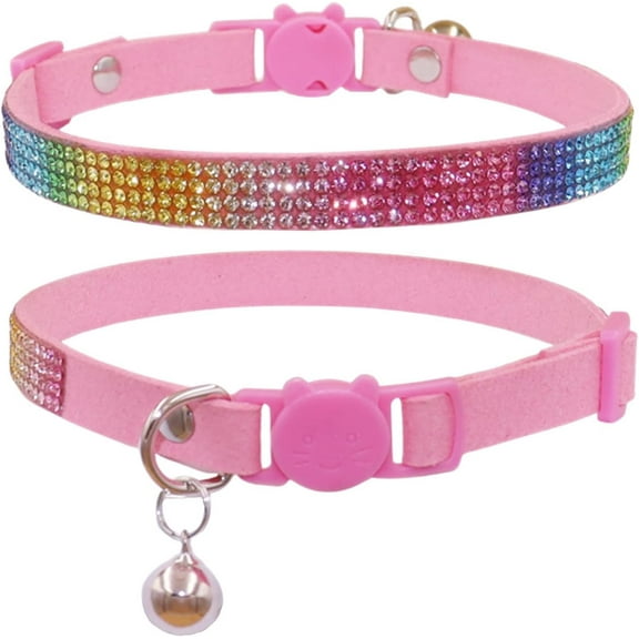 Minzimin 1pack cat Kitten Collar Rainbow Rhinestone Breakaway Diamond with Bell Soft Velvet Quick Release