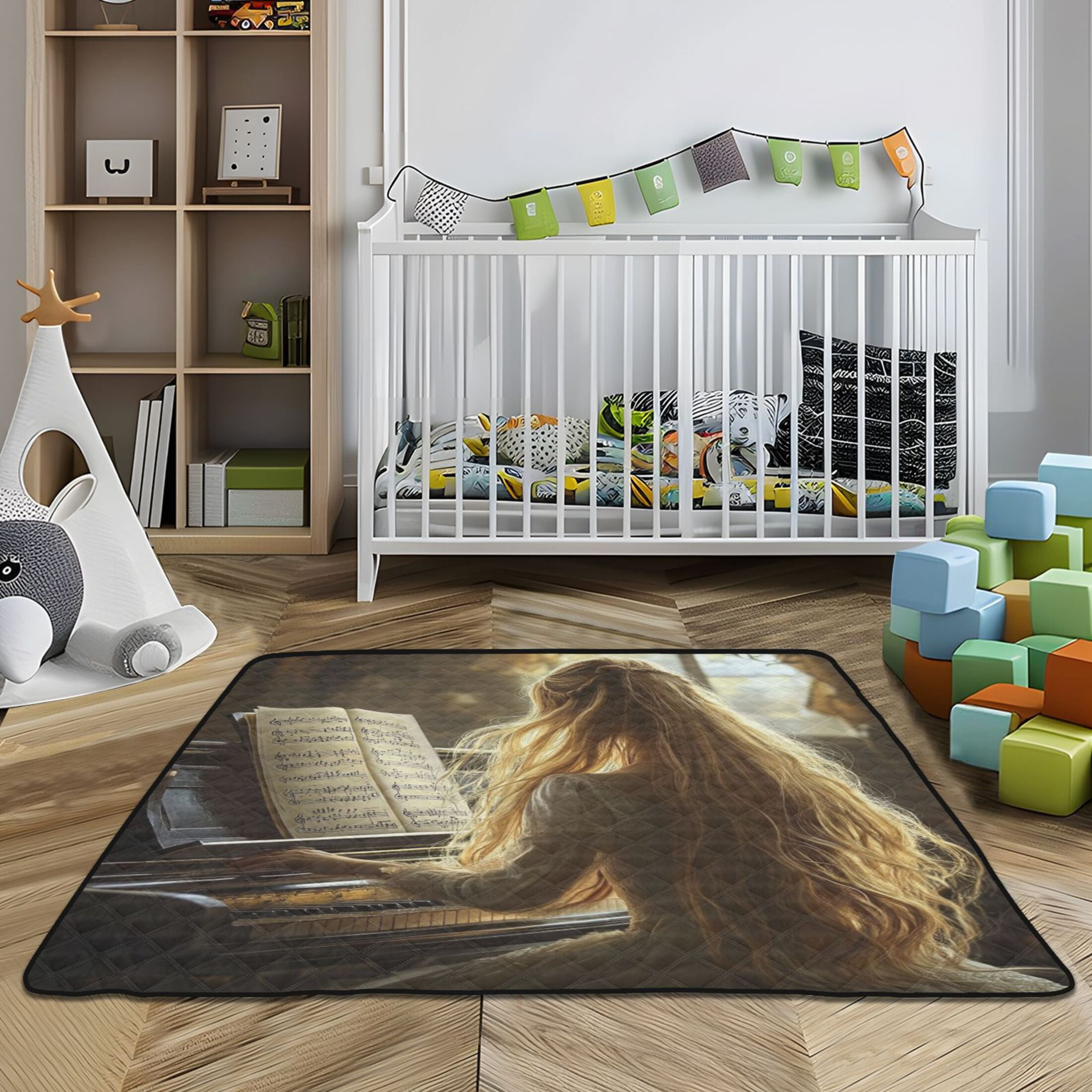 WOBOGO Blonde Lass Playing The Piano Baby Playmats Extra Large Waterproof Rollable Activity Pads for Toddlers 50×50inch