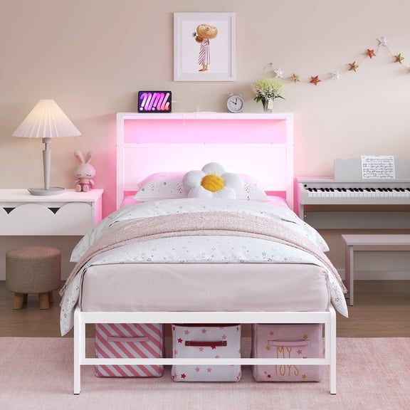 Mintazer Twin Kids Metal Platform Bed Frame with LED Light and USB Port Charging Station Storage Headboard for Girls Boys, White