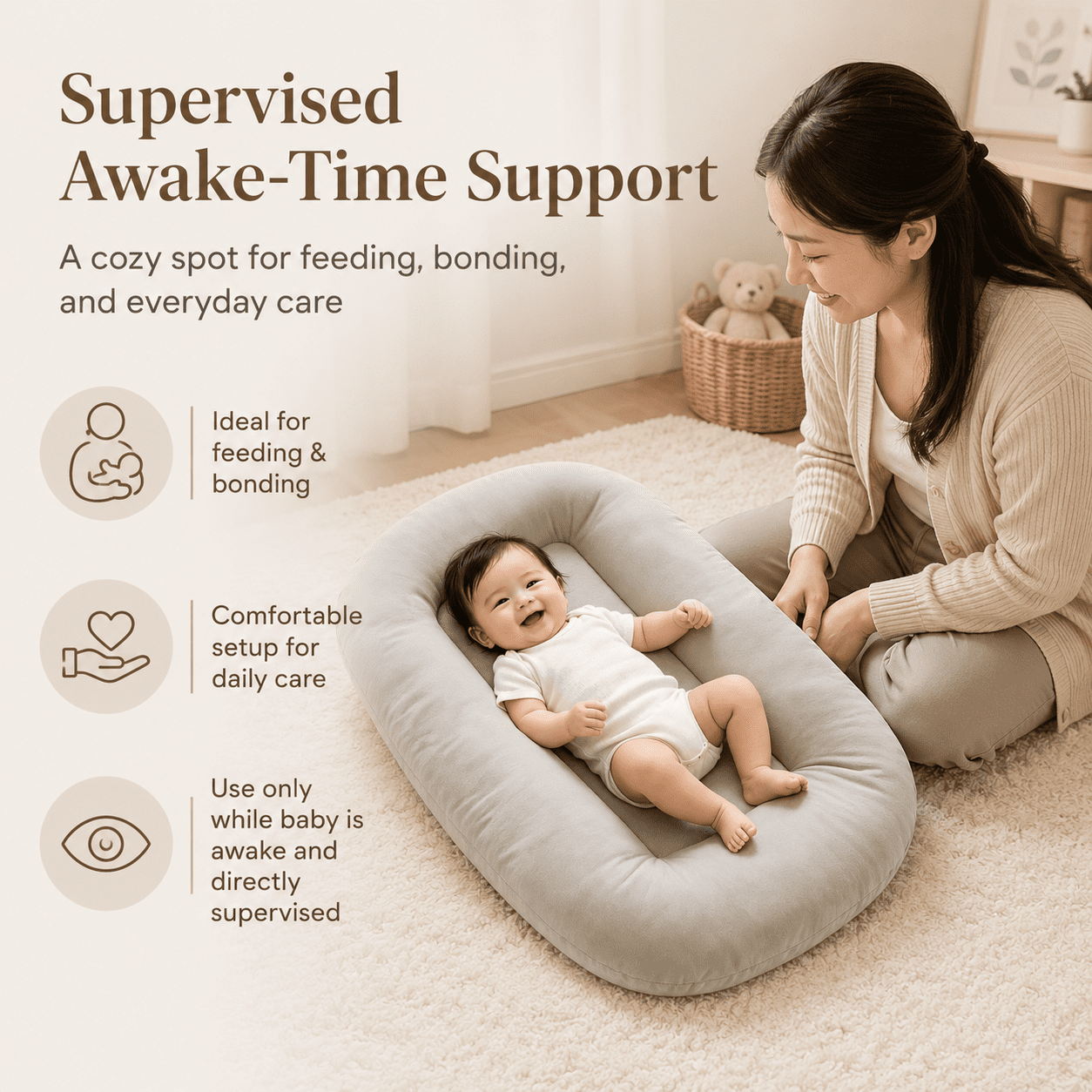 Baby Lounger for Newborn, Soft Care Cushion, Portable Support Pillow, Lightweight Nursery Cushion for Feeding, Bonding and Daily Care(Apricot)