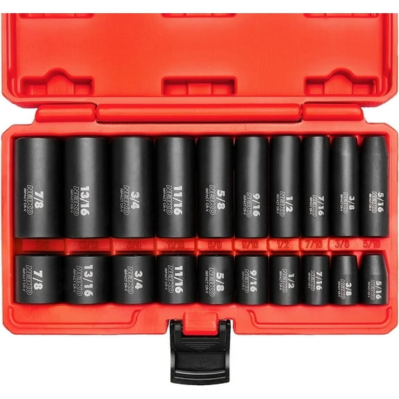 NEIKO 02434A 3/8-Inch-Drive Standard and Deep Impact Socket Set, 6-Point SAE Sizes from 5/16" to 7/8", CrV Steel, 20 Pieces