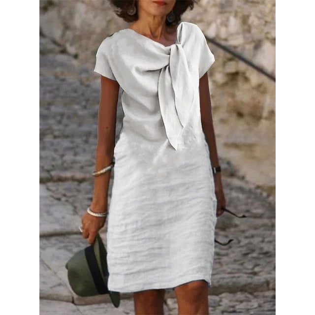 Robe Vintage en Coton et Lin Vêtements pour Femmes Été Décontractée à Lacets Col Rond Chic Tuniques Mode Midi Bleu Blanc Robes Vestidos