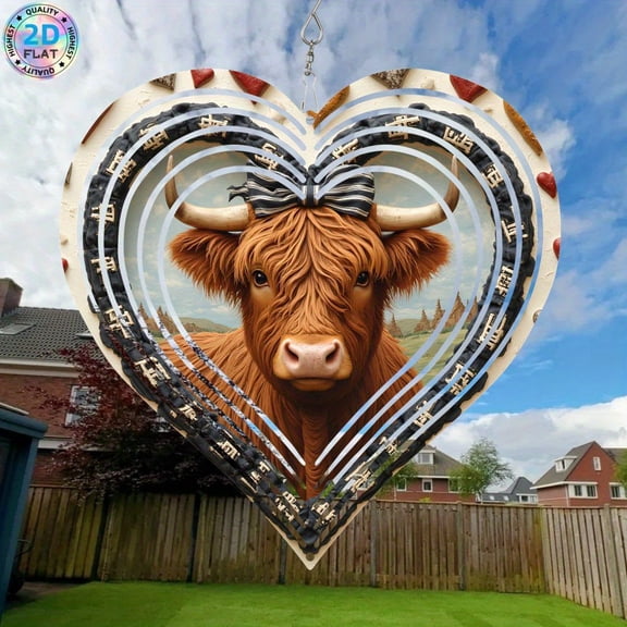 HELLOYOUNG Spring Mandala Wind Spinner Iron Sun Catcher 3D Metal Garden Art Highland Cow Decor with Bow Outdoor Yard Stake for Patio Lawn