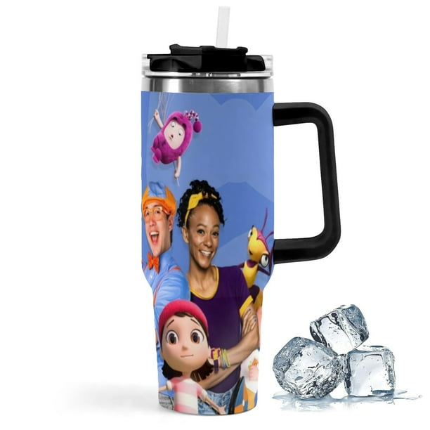 Blippi (2) Vaso aislado de acero inoxidable con asa, diseño temático, regalo para familia, amigos y fans; incluye pajita y encaja en el portavasos estándar, 40 oz