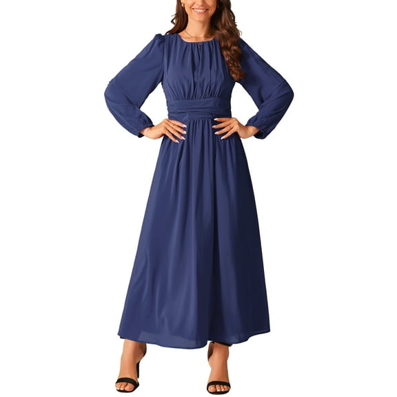 INSPIRE CHIC Women's Dresses Crew Neck Lantern Long Sleeves Chiffon Formal Maxi Dress S Dark Blue