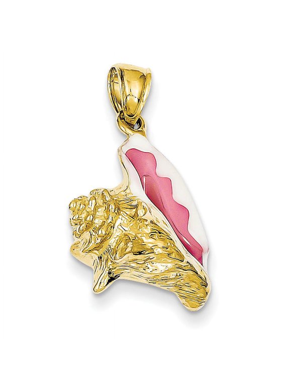 Beautiful 14K Polished 3-D Pink and White Enameled Conch Shell Pendant