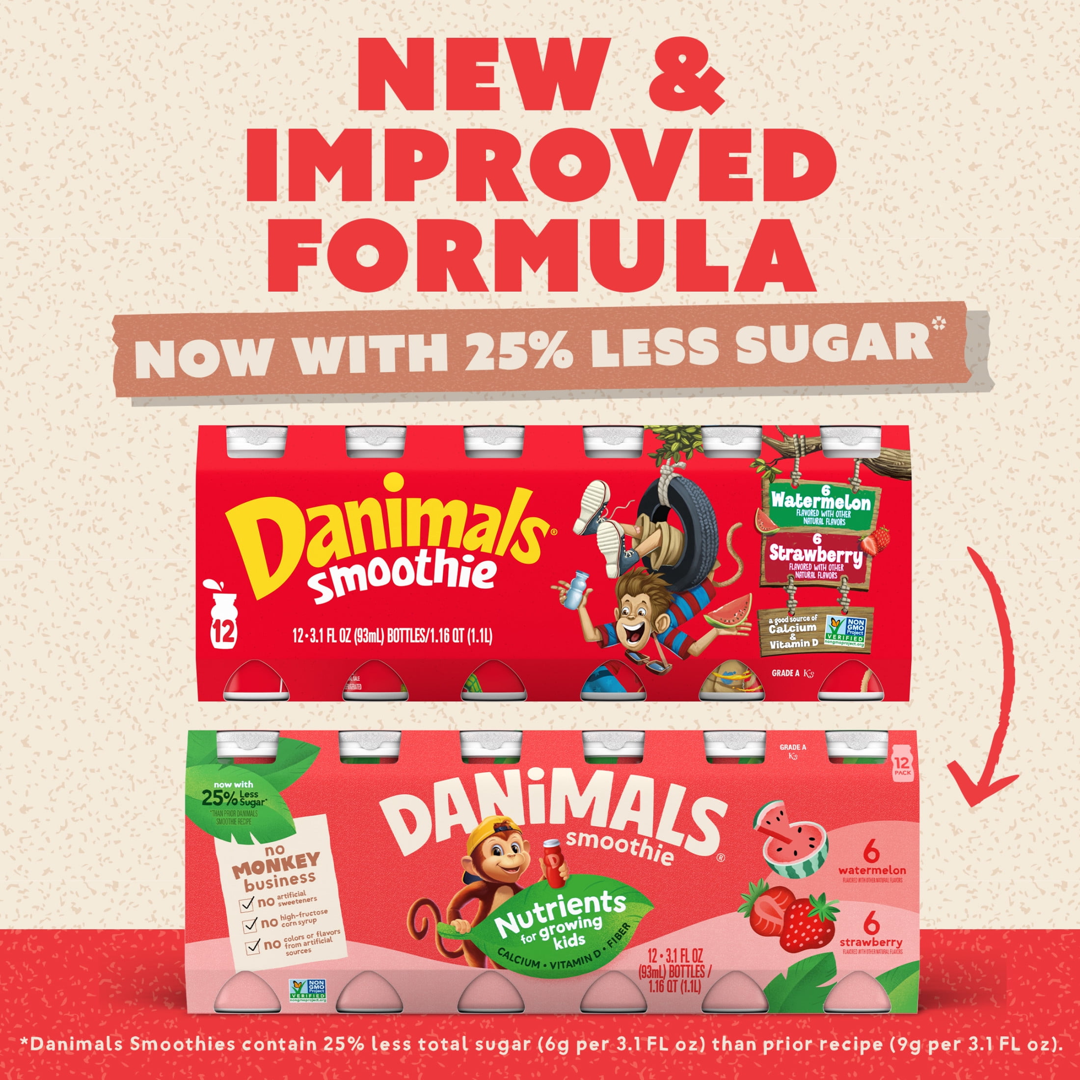 Danimals Smoothie Strawberry and Watermelon Low Fat Dairy Drink Smoothie Bottles Multi-Pack, 3.1 fl oz, 12 Count​