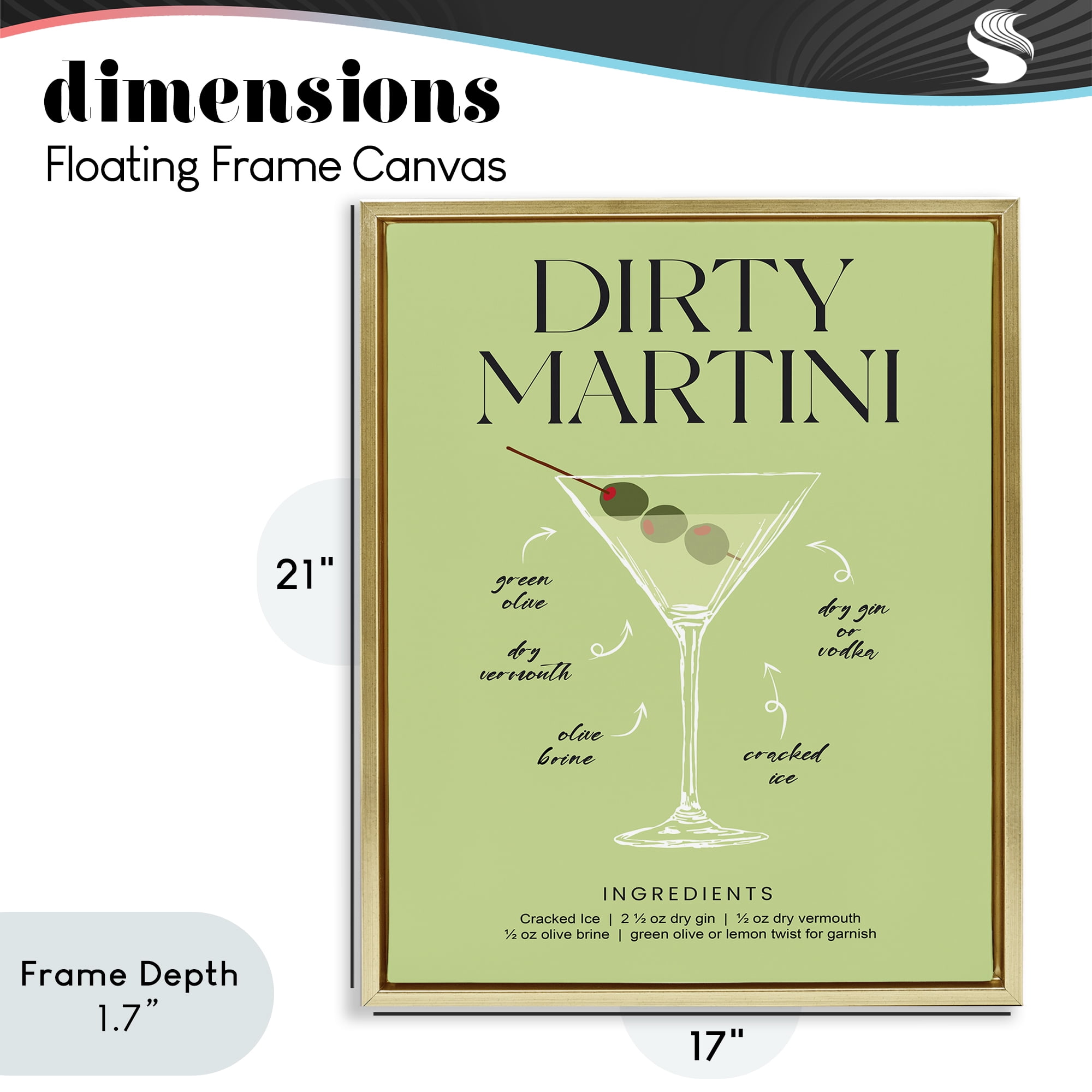 Stupell Industries Dirty Martini Green Recipe Gold Framed Floater Canvas Wall Art, design by Lettered and Lined