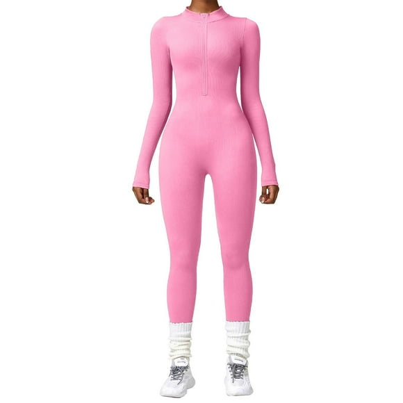 HBFAGFB Dressy Jumpsuits for Women Seamless Yoga Long Sleeve Trousers Zipper Tracksuit Pink Size L