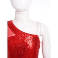 thumbnail image 5 of iiniim Kids Girls Jazz Hip Hop Dance Sequins Mesh Long Sleeve One Shoulder Dance Top with Shorts Red 6, 5 of 7