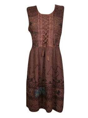 Mogul Women's Brown Stonewashed Rayon Sleeveless Embroidered Summer Fashion Midi Dress M