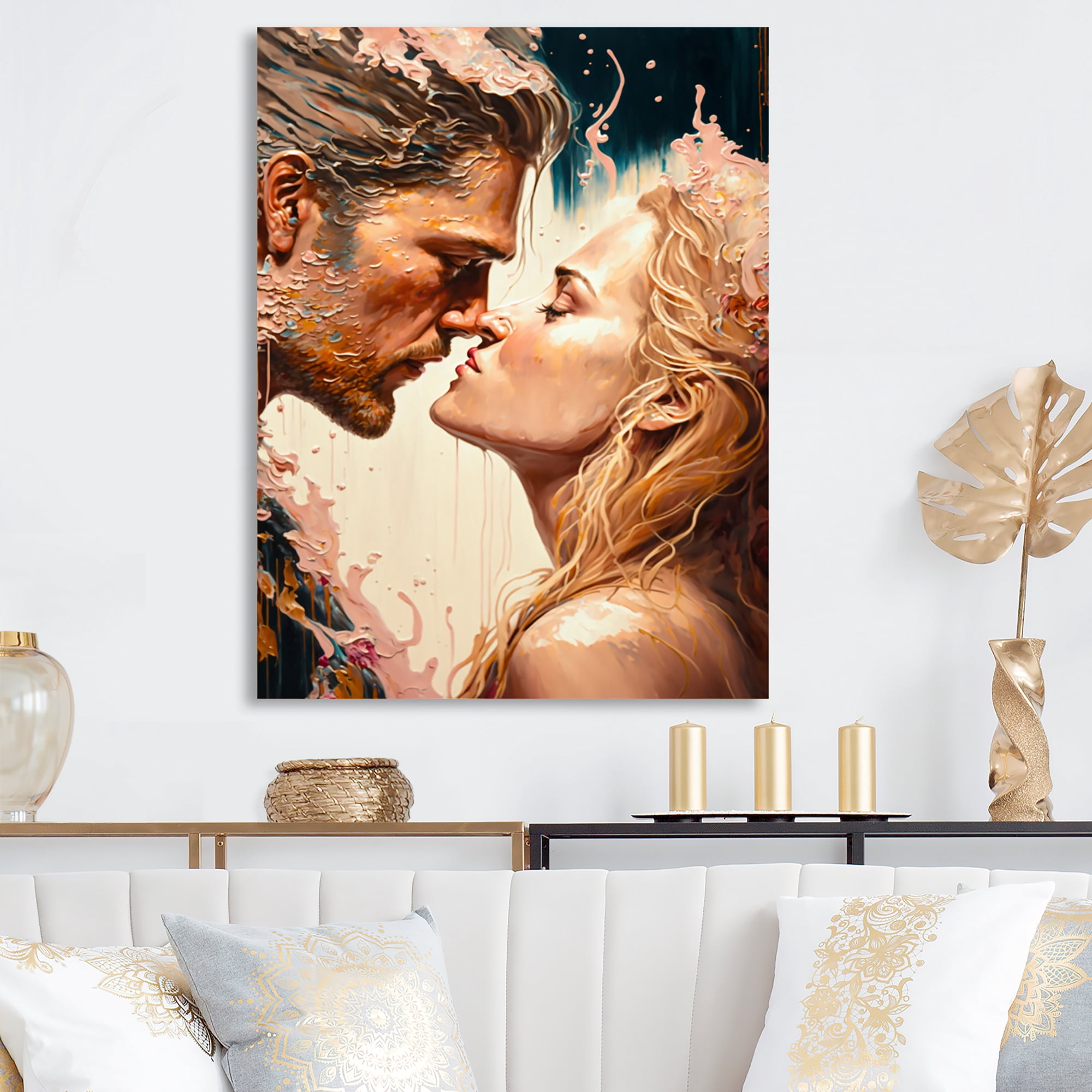 Designart Blue And Gold Couple Kissing Art Canvas Wall Art