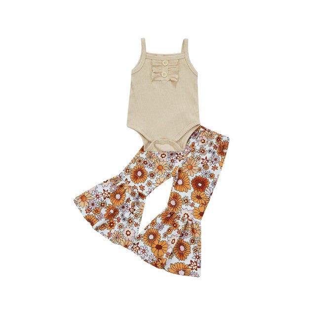 Faithtur Elegant Baby Girl Pants Set, Square Neck Solid Color Ribbed Buttoned Crotch Romper Floral Elastic Waist Flared Long Pants