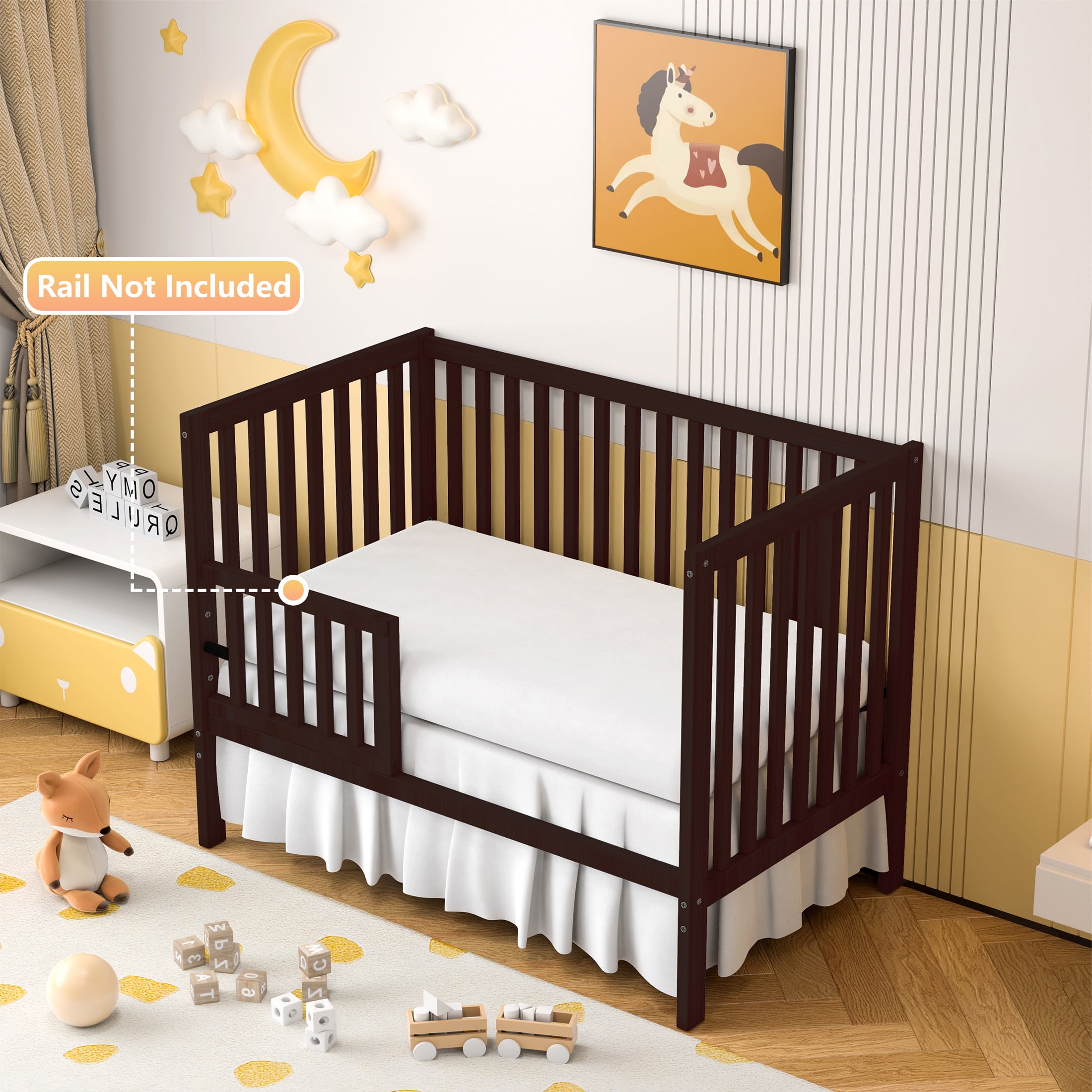 SESSLIFE 5-In-1 Convertible Crib, Espresso Baby Bed, Converts from Baby Crib to Toddler Bed, Fits Standard Full-Size Crib Mattress(Not Included)
