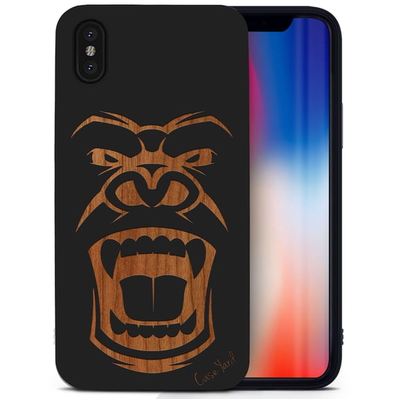 Case Yard Wooden Case for iPhone-X Soft TPU Silicone cover Slim Fit Shockproof Wood Protective Phone Cover for Girls Boys Men and Women Supports Wireless Charging Gorilla Face Design