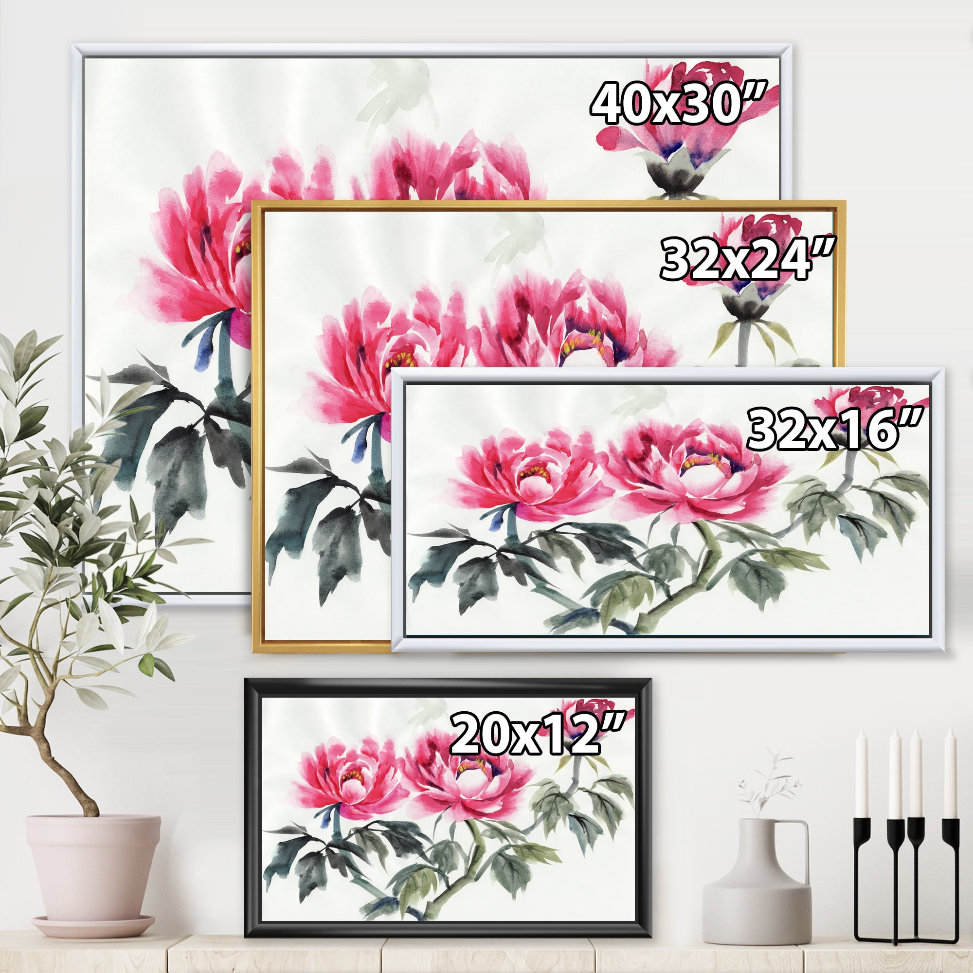 Designart 'Ancient Purple Peonies Branch' Traditional Framed Canvas Wall Art Print