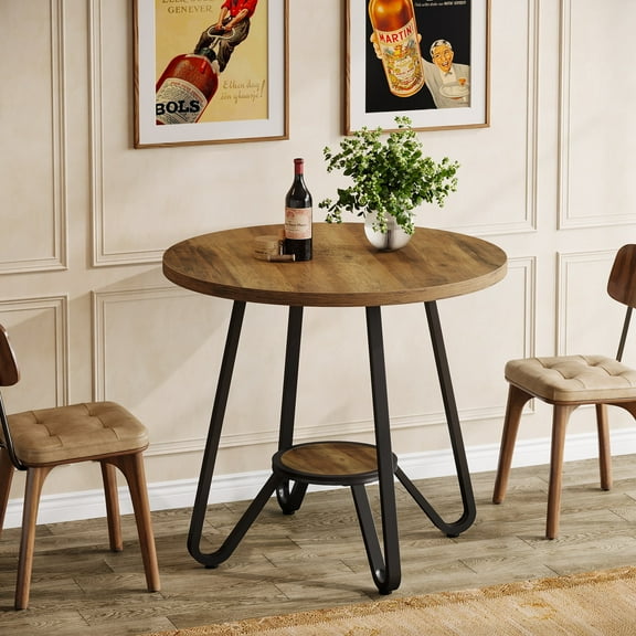Tribesigns 31.5" Round Dining Table with Double Shelves, Small Kitchen Table for 2, Dinner Table with Metal Base Industrial Style, Dining Room, Office Desk, Apartment, Small Space, Coffee Dining