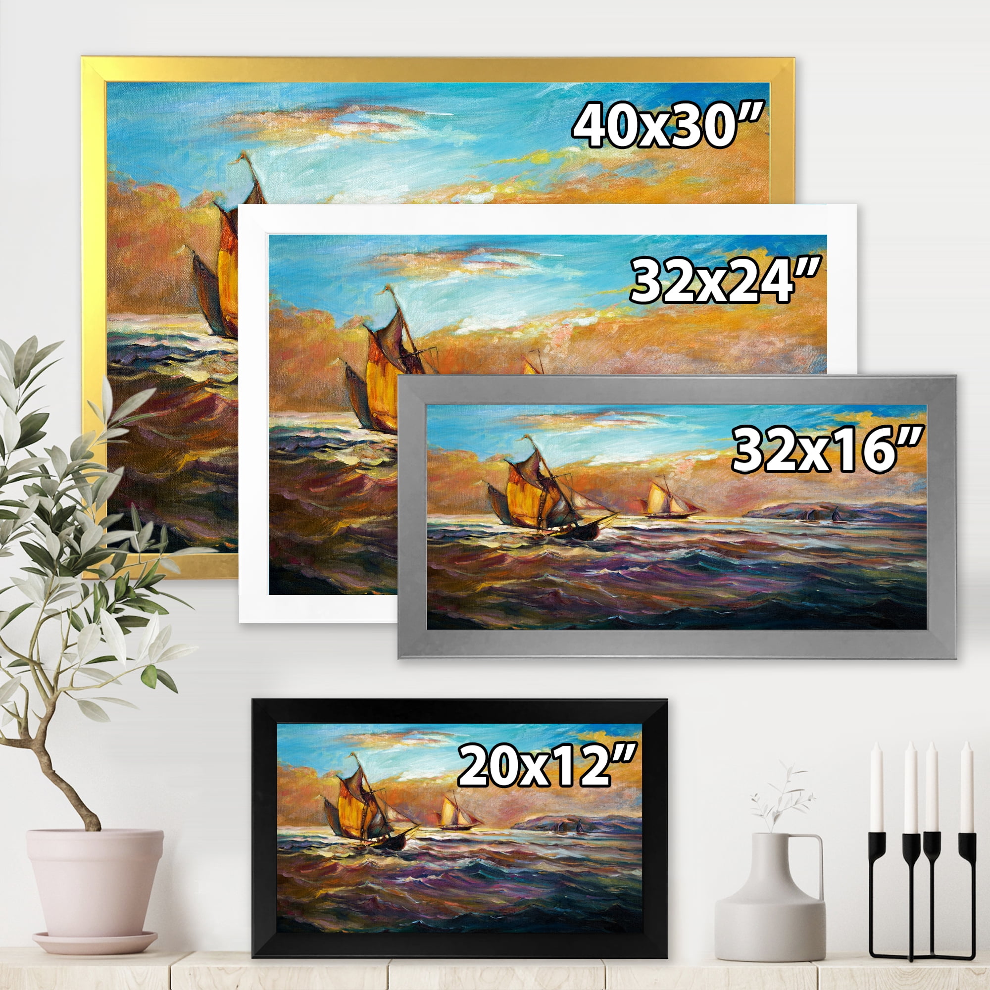 Designart 'Boats During Evening Sunset In The Ocean II' Nautical & Coastal Framed Art Print