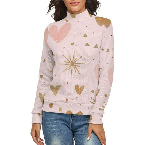 Line Heart Christmas Women's Turtleneck Sweater Long Sleeve Ribbed Fitted Turtle Neck Casual Fall Winter Collection Top S