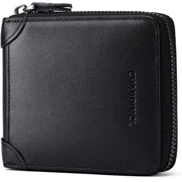 Cartera de Cuero Genuino para Hombre con Zíper, RFID, Segura, de Gran Capacidad, Doble Pliegue, Multi-tarjeta, Carteras de Cuero para Hombre y Monedero