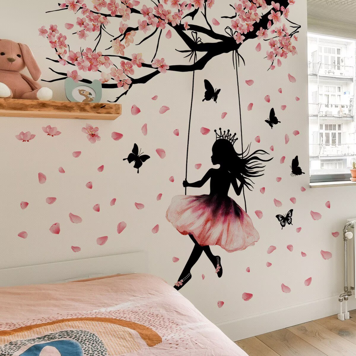 Cherry Blossom Branch Wall Decals Flower wall sticker Swing Butterfly Girl Wall Stickers Flower Walls Decal Peel and Stick Walls Murals Decor for Girl Princess Bedroom Living Room (Pink Flower Girl)