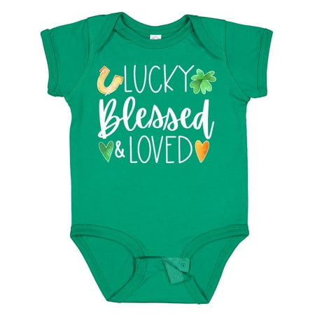 

Inktastic Lucky Blessed and Loved Horseshoe Clover Hearts Gift Baby Boy or Baby Girl Bodysuit