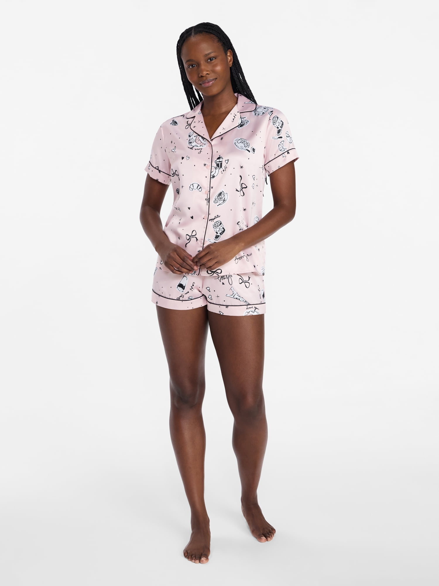 Joyspun Women’s Stretch Satin Short Sleeve Top and Shorts Pajama Set, Sizes XS-3X