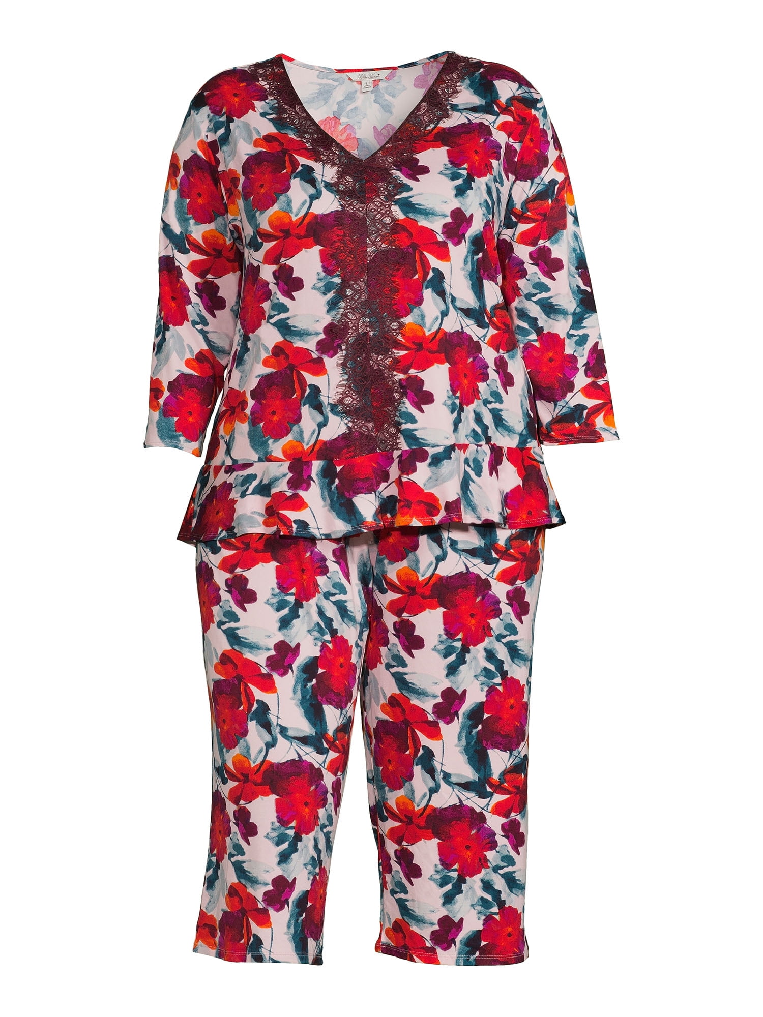 The Pioneer Woman 3/4 Sleeve V-Neck Top and Cropped Pant Pajama Set, 2-Piece, Women's