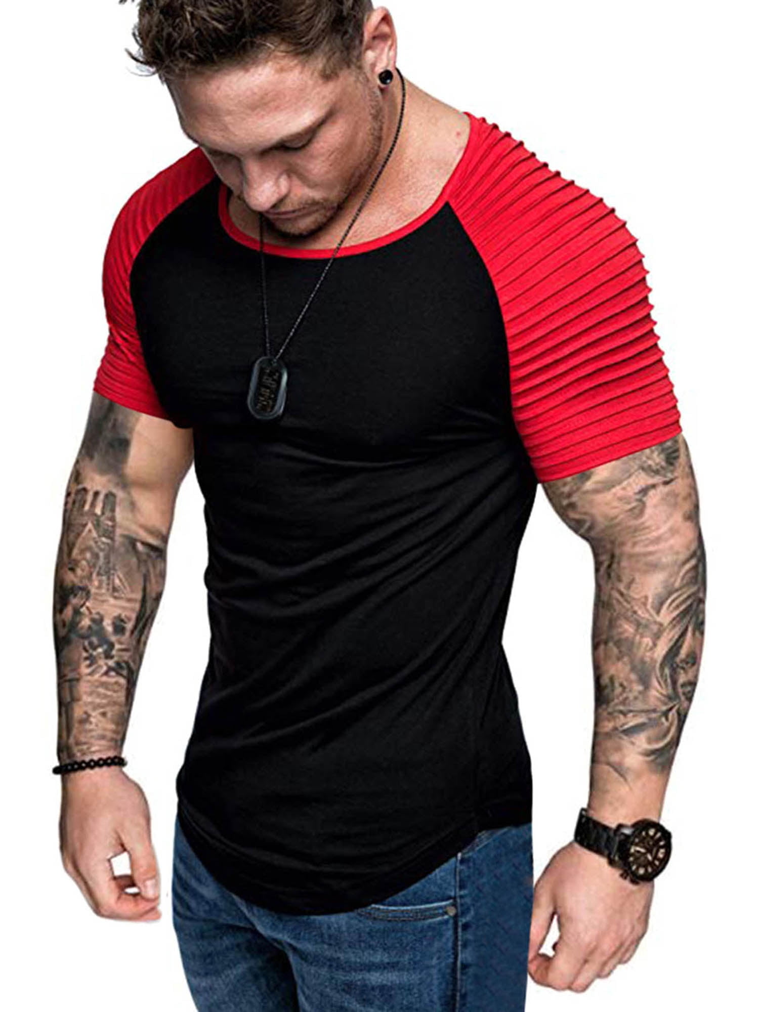 Men Solid Crew Neck Short Sleeves T-shirt Casual Summer Slim Fit Muscle Tee Tops 