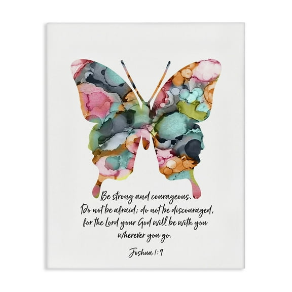 Stupell Industries Be Strong Joshua 1:9 Butterfly Spiritual Painting Wrapped Canvas Canvas Art Print Wall Art, 16 x 20