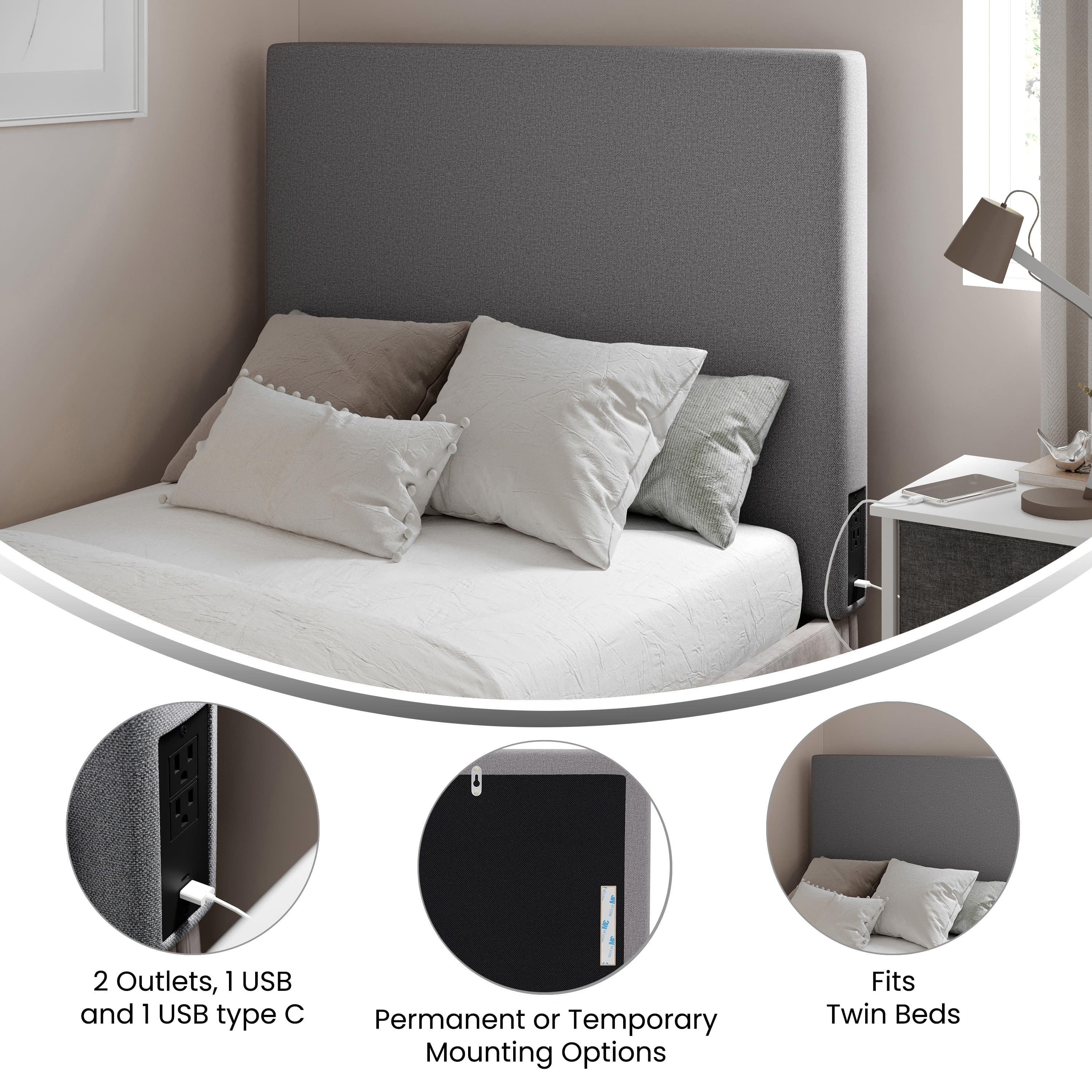 Merrick Lane Gray Faux Linen Twin Headboard with Stylish Upholstery, Dual Hanging Options, Charging Station with 2 Outlets, USB Port, USB-C Port