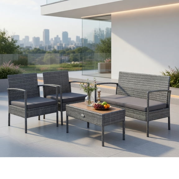 Resenkos 4 Pieces Patio Rattan Cushioned Furniture Set, Outdoor Furniture Garden Conversation Sets with Wooden Tabletop