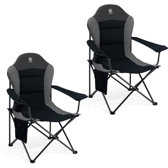 EVER ADVANCED 2 Pack Folding Camping Chair with High Back Padded Oversized Portable Lawn Chairs Lightweight Sturdy Steel Foldable Outdoor Camp Chair for Adults, Black