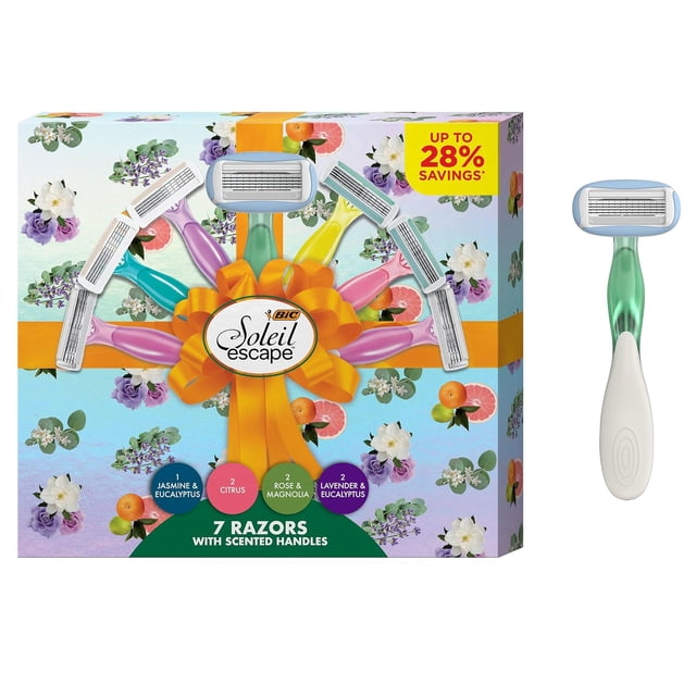 BIC Soleil Escape Rasoirs Jetables pour Femmes Assortiment de Coffret Cadeau des Fêtes, Manches de Rasoir Parfumés, 7 Rasoirs, Cadeaux de Soins Personnels pour Femmes