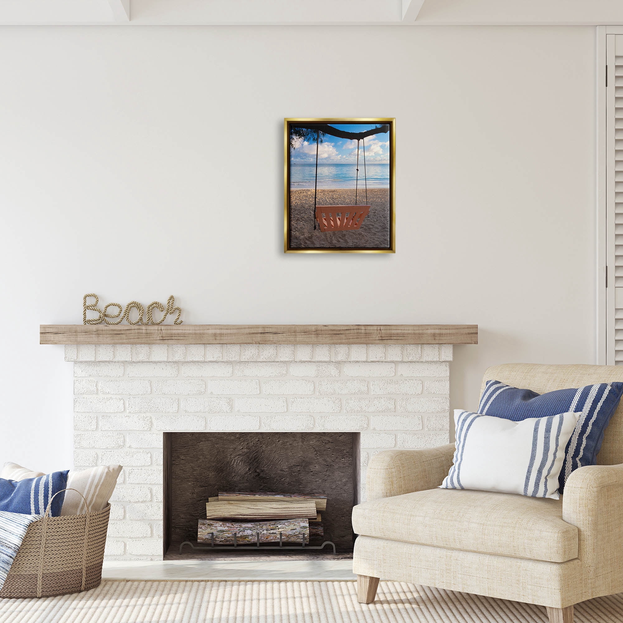Stupell Industries Beach Swing Relaxing Shore View Coastal Photography Gold Floater Framed Art Print Wall Art
