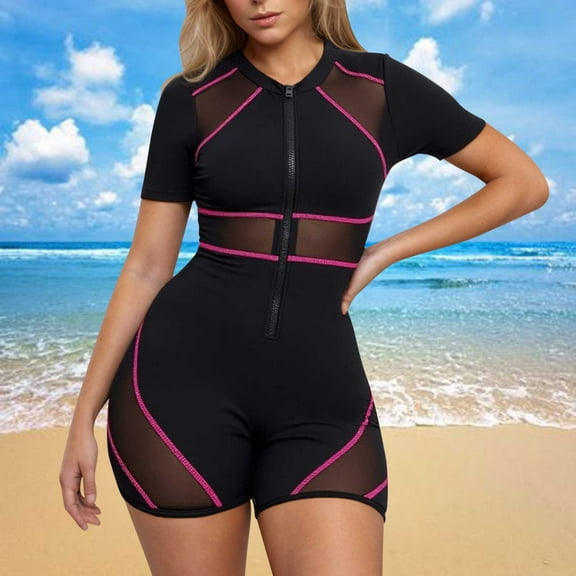 Xdegoge Rash Guard Swimsuits for Women Short Sleeve Zipper Front One Piece Bathing Suits Mesh Splicing Athletic Boyleg Slimming Surfing Swimming Suits